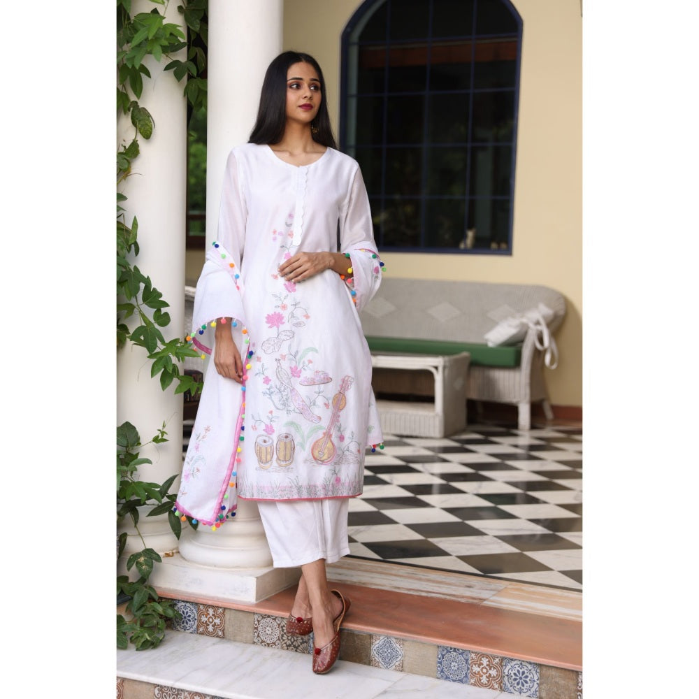 Kahani Lush White Embroidery Kurta & Pant with Dupatta (Set of 3)