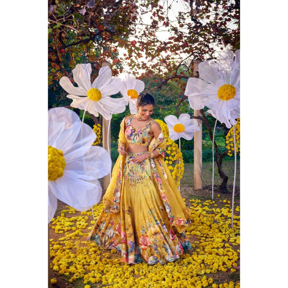 KALISTA Yellow Shirin Lehenga with Blouse and Dupatta (Set of 3)