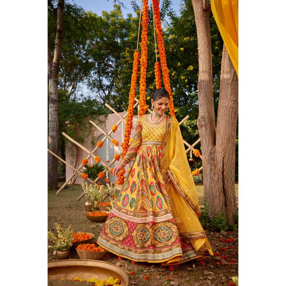 KALISTA Yellow Adhaya Anarkali with Dupatta (Set of 2)