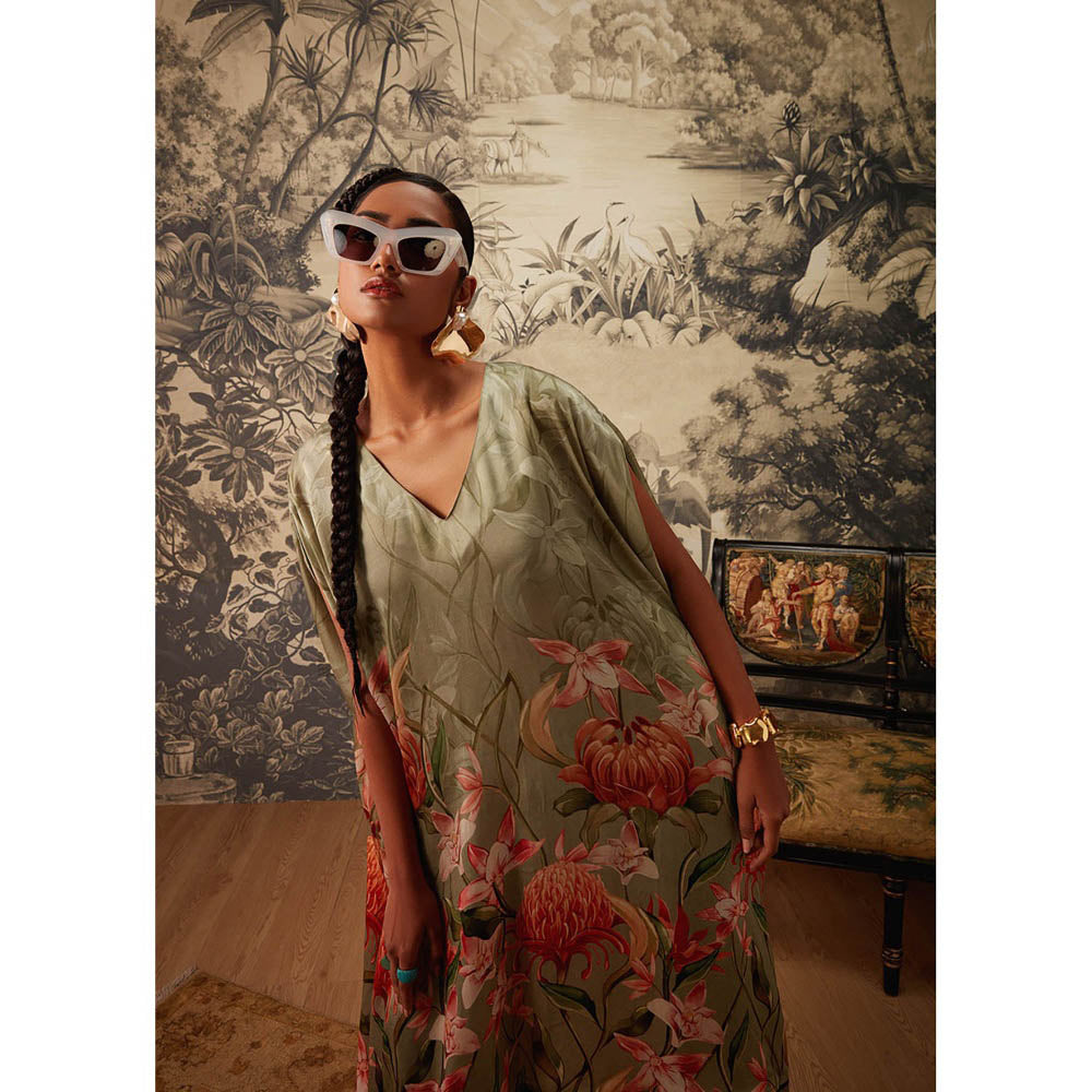 KALISTA Sage Green Daisey Kaftan with Pant (Set of 2)