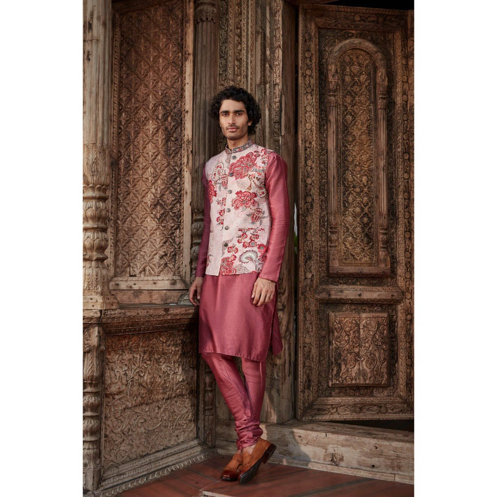 KALISTA Pink Shray Kurta with Churidar and Nehru Jacket (Set of 3)