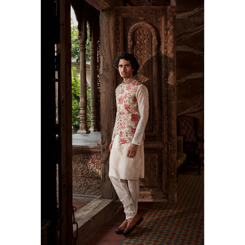 KALISTA Cream Vivaan Kurta with Churidar and Nehru Jacket (Set of 3)