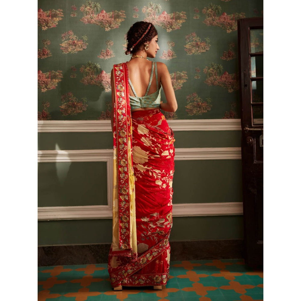 KALISTA Red Rehmat Pre-Draped Saree with Stitched Blouse