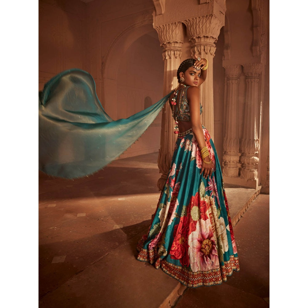 KALISTA Teal Gulshaad Lehenga with Blouse and Dupatta (Set of 3)