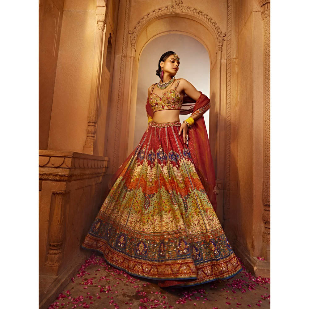 KALISTA Rust Mehvish Lehenga with Blouse and Dupatta (Set of 3)