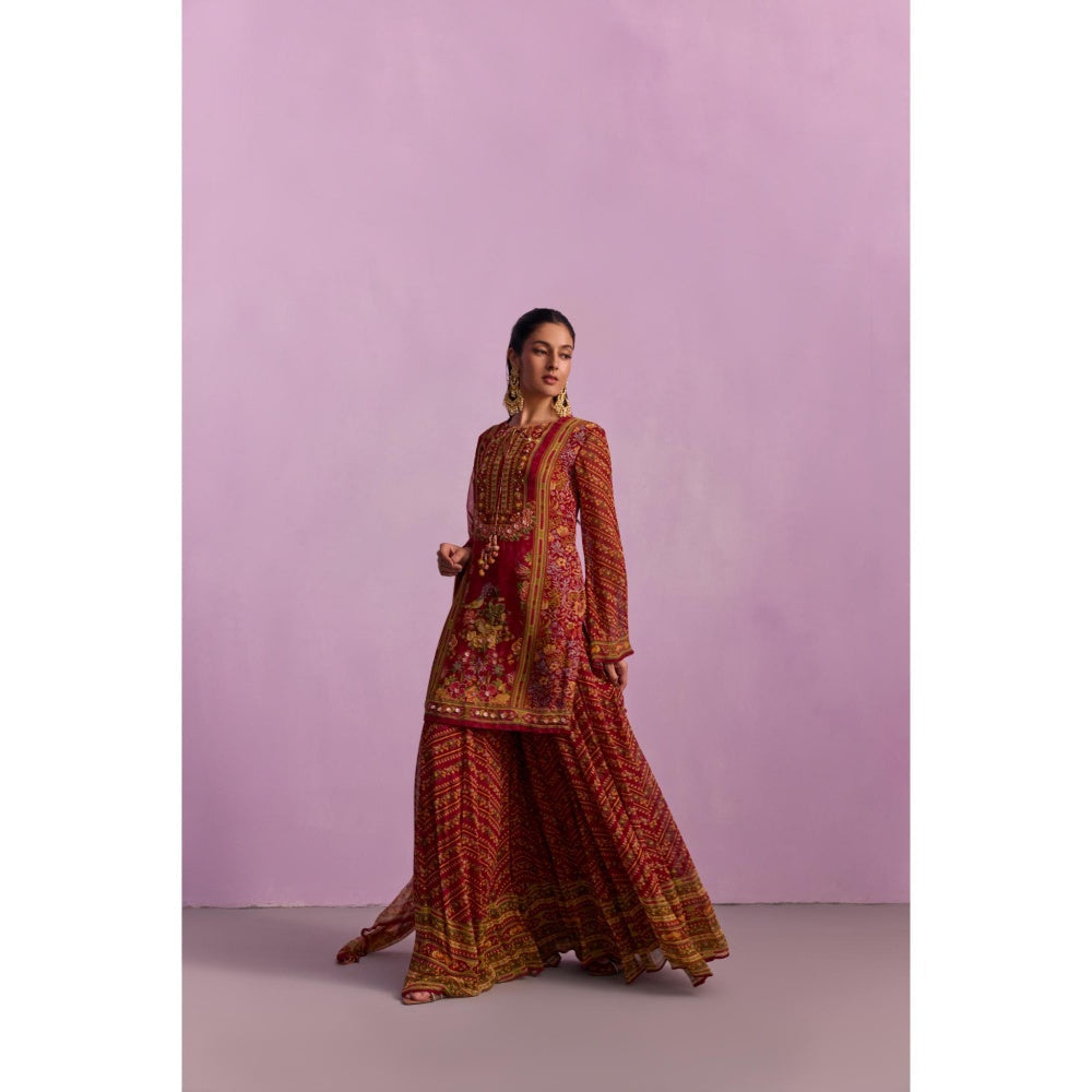 KALISTA Asma Red Floral Print Kurta with Sharara and Dupatta (Set of 3)