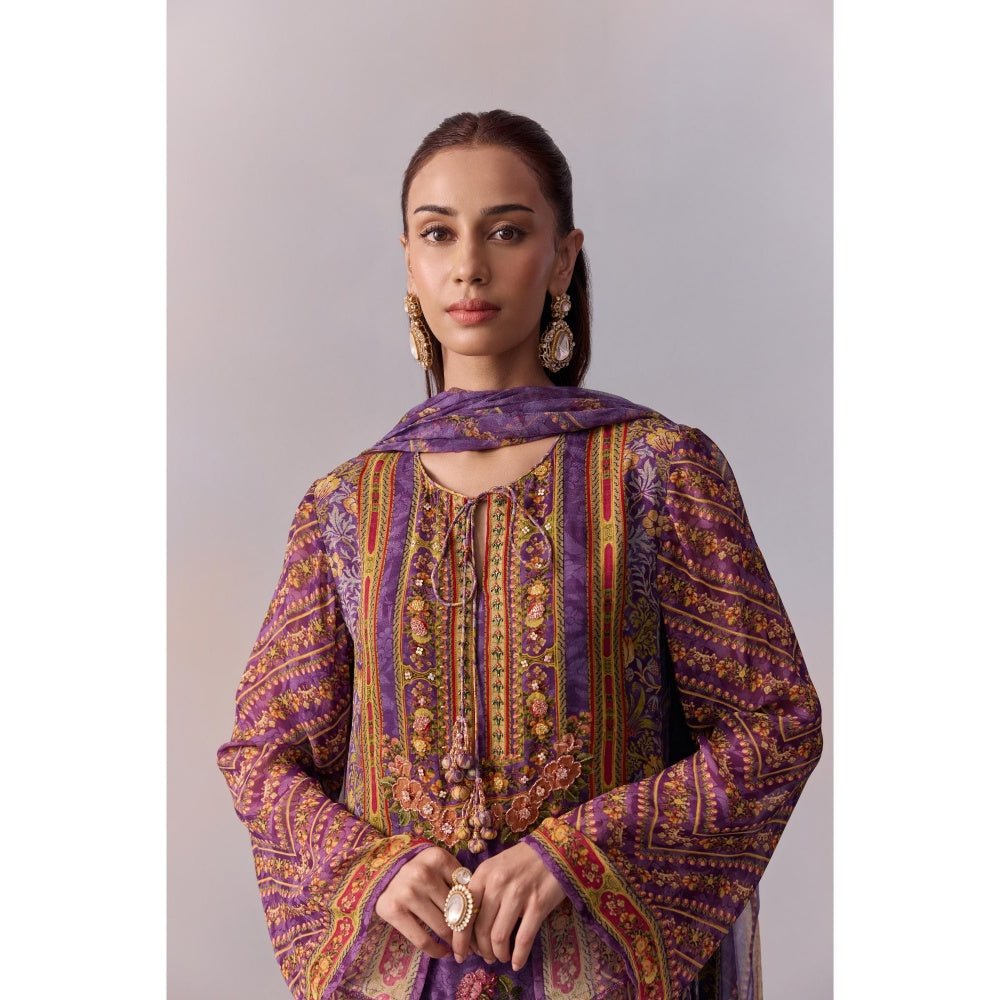 KALISTA Asma Purple Floral Print Kurta with Sharara and Dupatta (Set of 3)