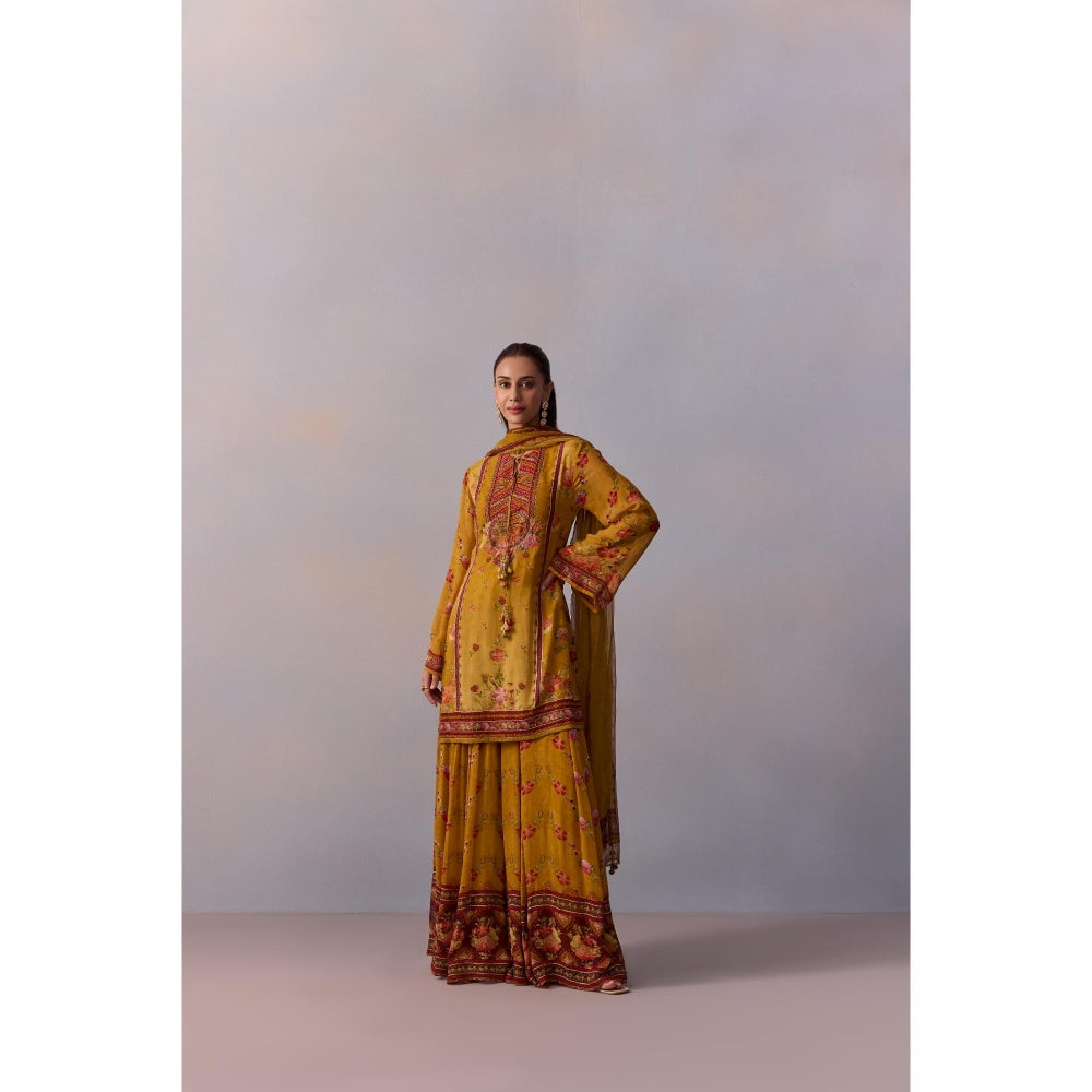 KALISTA Anaisha Cannary Mustard Floral Print Kurta with Sharara and Dupatta (Set of 3)