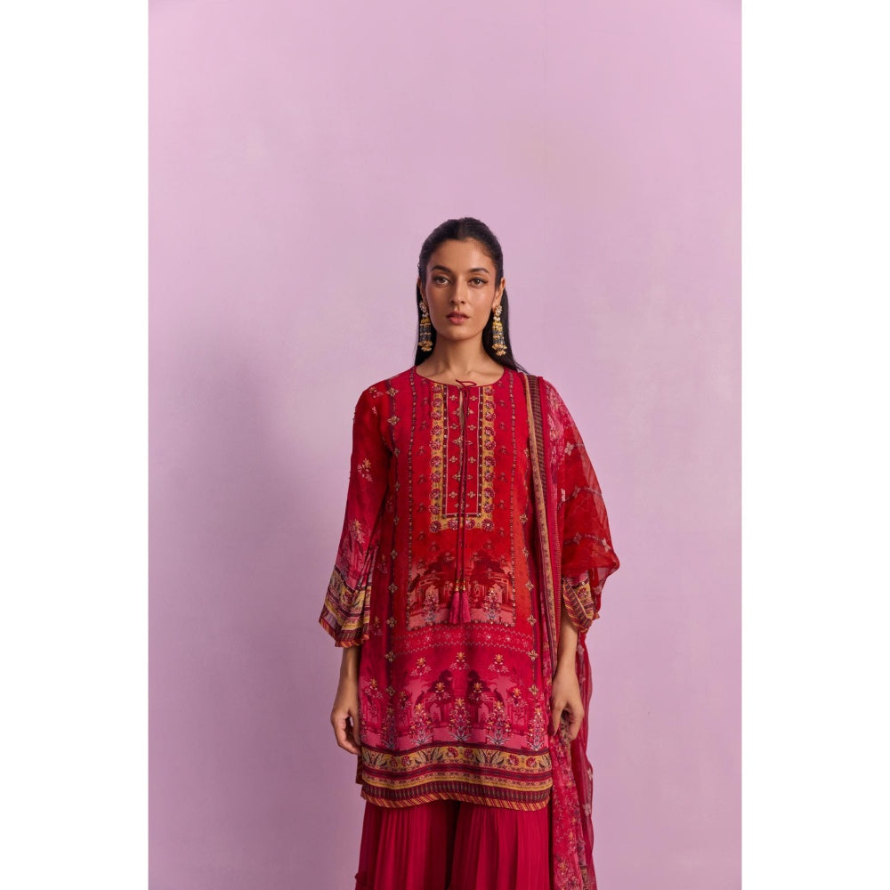 KALISTA Afreen Crimson Red Floral Tassels Kurta with Sharara and Dupatta (Set of 3)