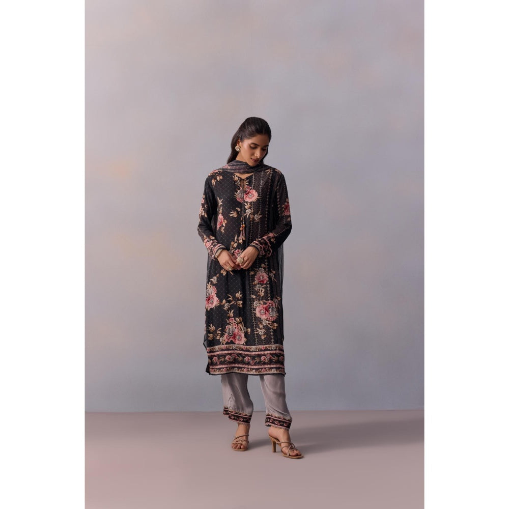 KALISTA Sarah Black Floral Tassels Kurta with Pant and Dupatta (Set of 3)