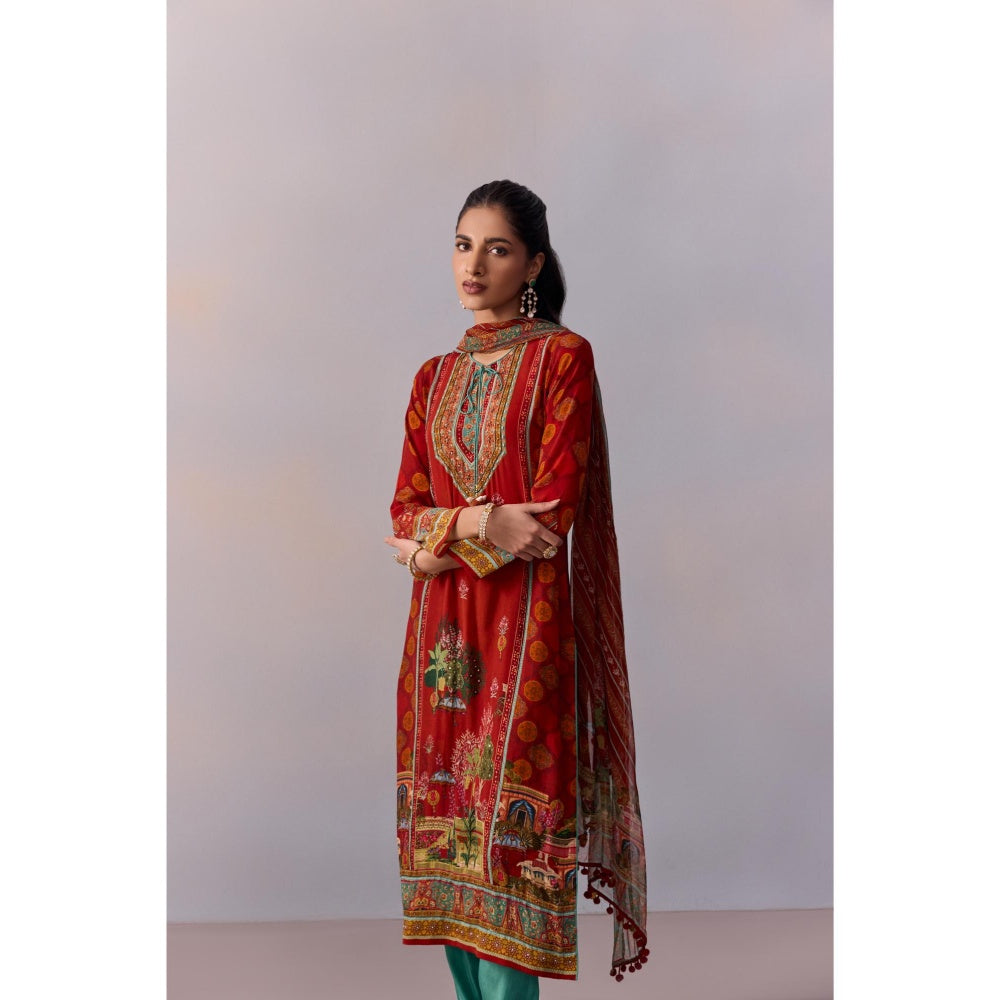 KALISTA Siah Red Printed Tassels Kurta with Pant and Dupatta (Set of 3)