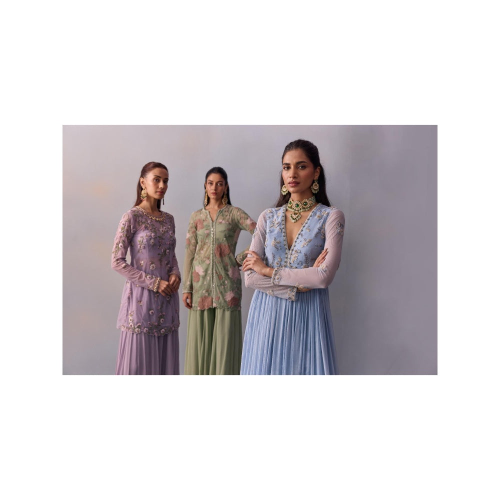 KALISTA Fidah Sea Green Embellished Bustier with Sharara and Jacket (Set of 3)