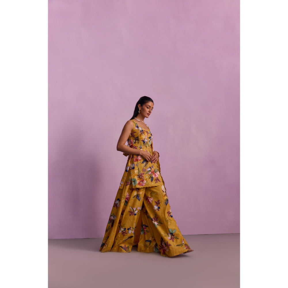 KALISTA Shirin Mustard Floral Embellished Kurta with Sharara and Dupatta (Set of 3)