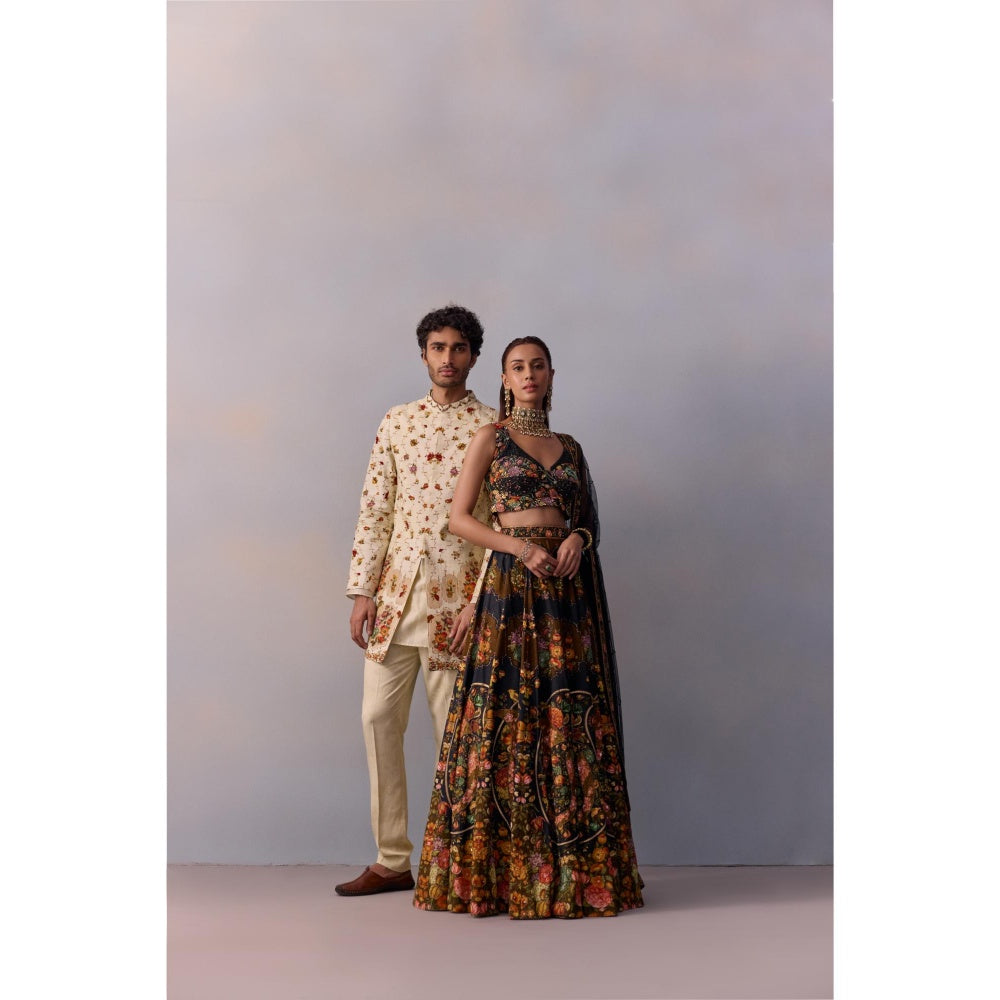 KALISTA Naaz Black Embellished Floral Blouse with Lehenga and Dupatta (Set of 3)