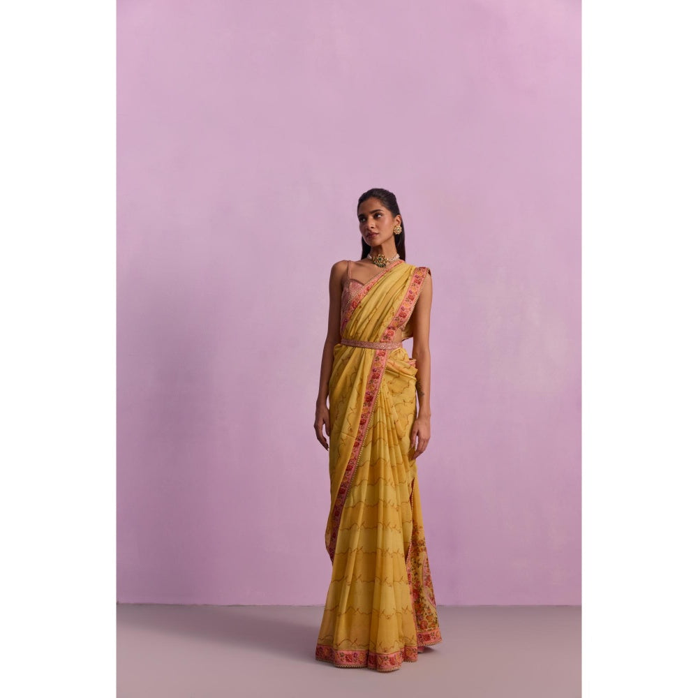 KALISTA Inaya Yellow Embroidered Saree with Stitched Blouse and Belt