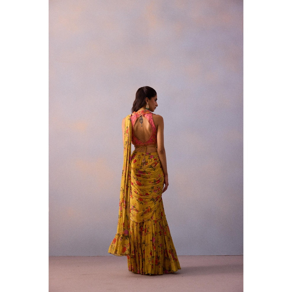 KALISTA Sabia Yellow Floral Pre Drape Saree with Stitched Blouse and Belt