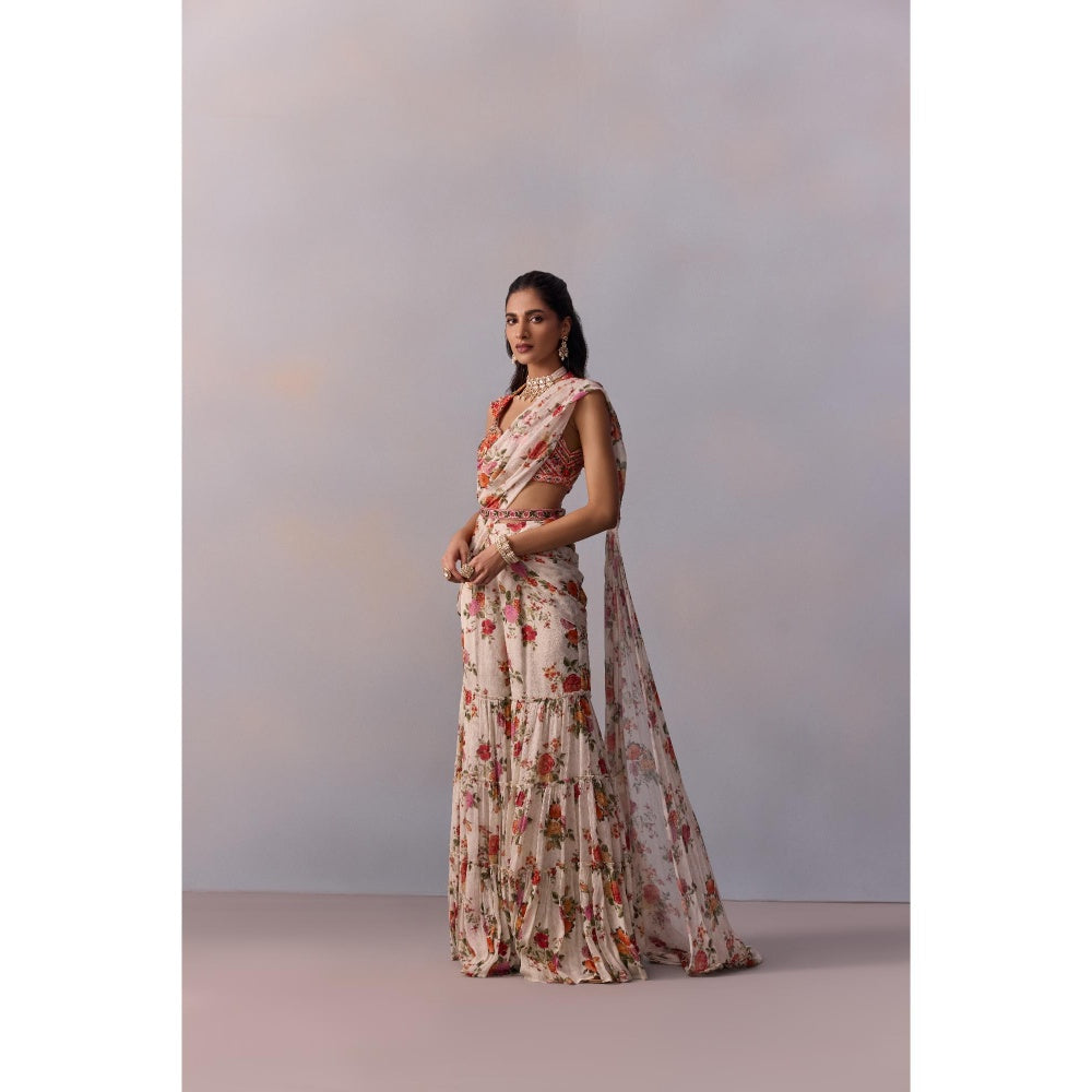 KALISTA Sabia Ivory Floral Pre Drape Saree with Stitched Blouse and Belt