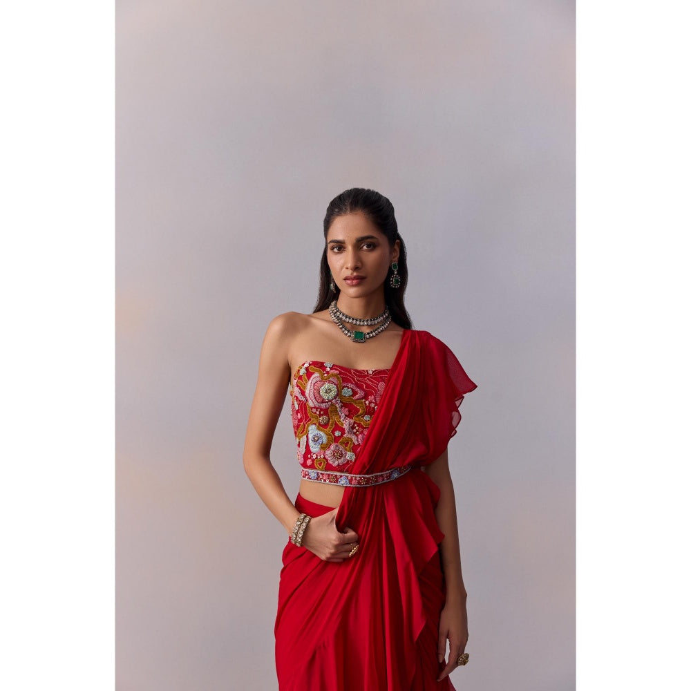 KALISTA Jiah Red Embellished Ruffle Pre Drape Saree with Stitched Blouse and Belt
