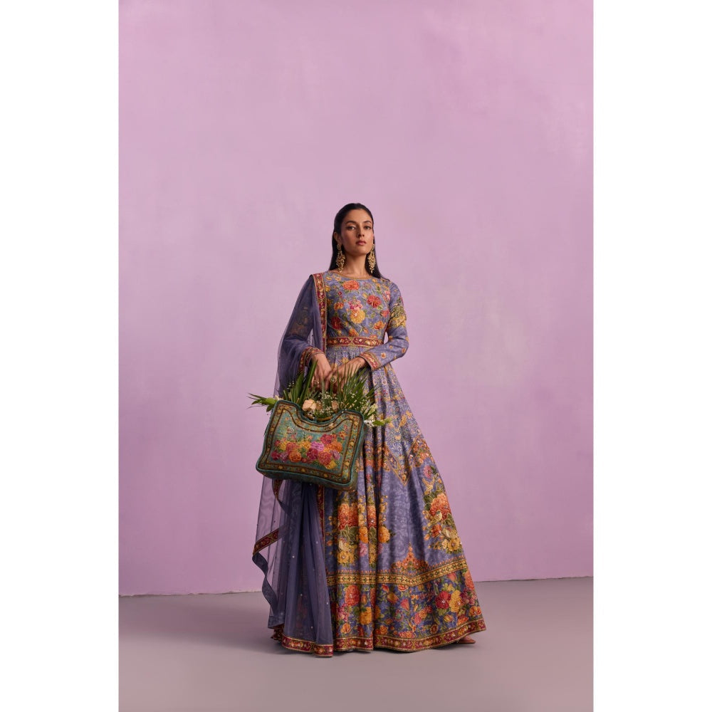 KALISTA Tahira Purple Floral Embellished Anarkali with Dupatta (Set of 2)