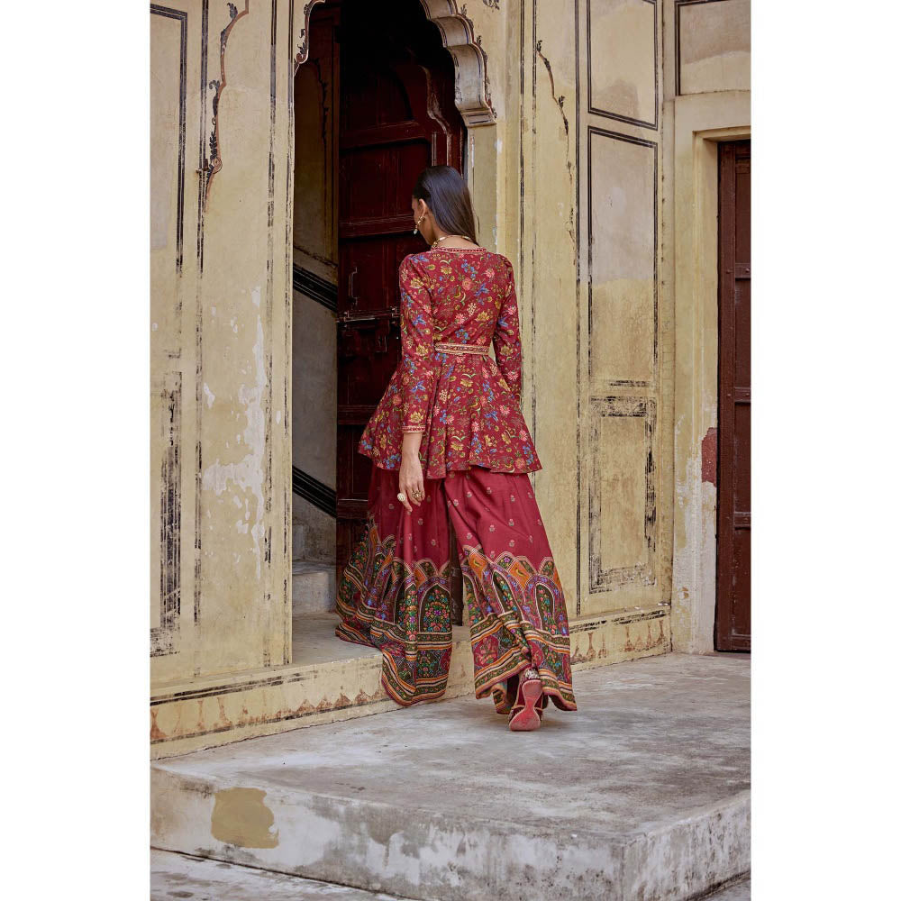 KALISTA Red Amber Palazzo with Peplum Top and Belt (Set of 2)