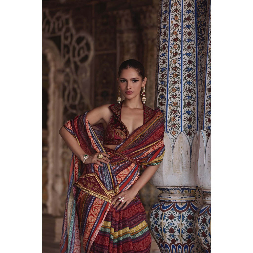 KALISTA Maroon Inara Saree with Stitched Blouse and Belt