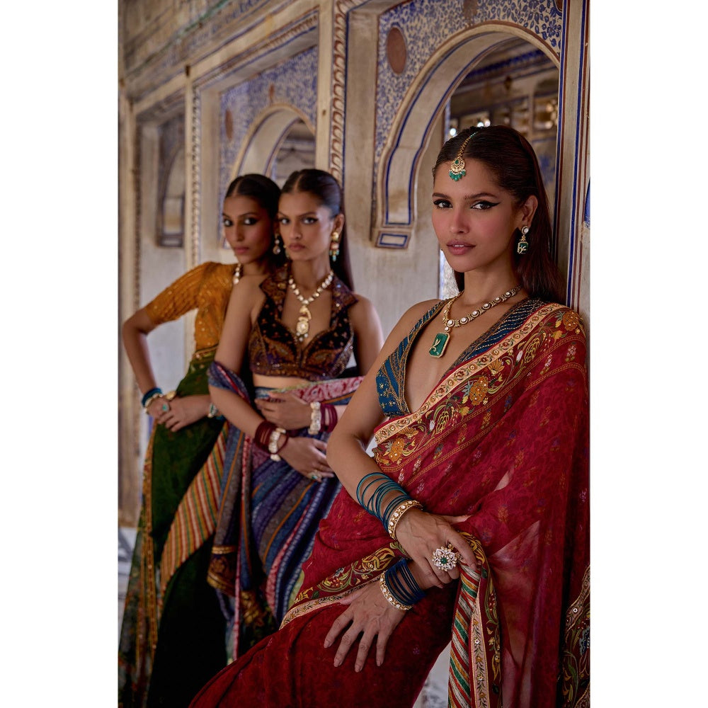 KALISTA Red Chhaya Saree with Stitched Blouse