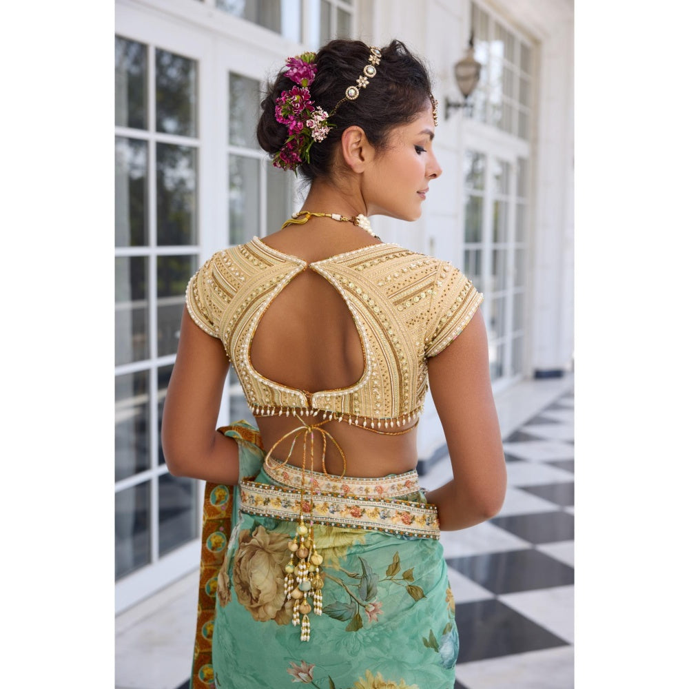 KALISTA Green Draped Saree with Stitched Blouse