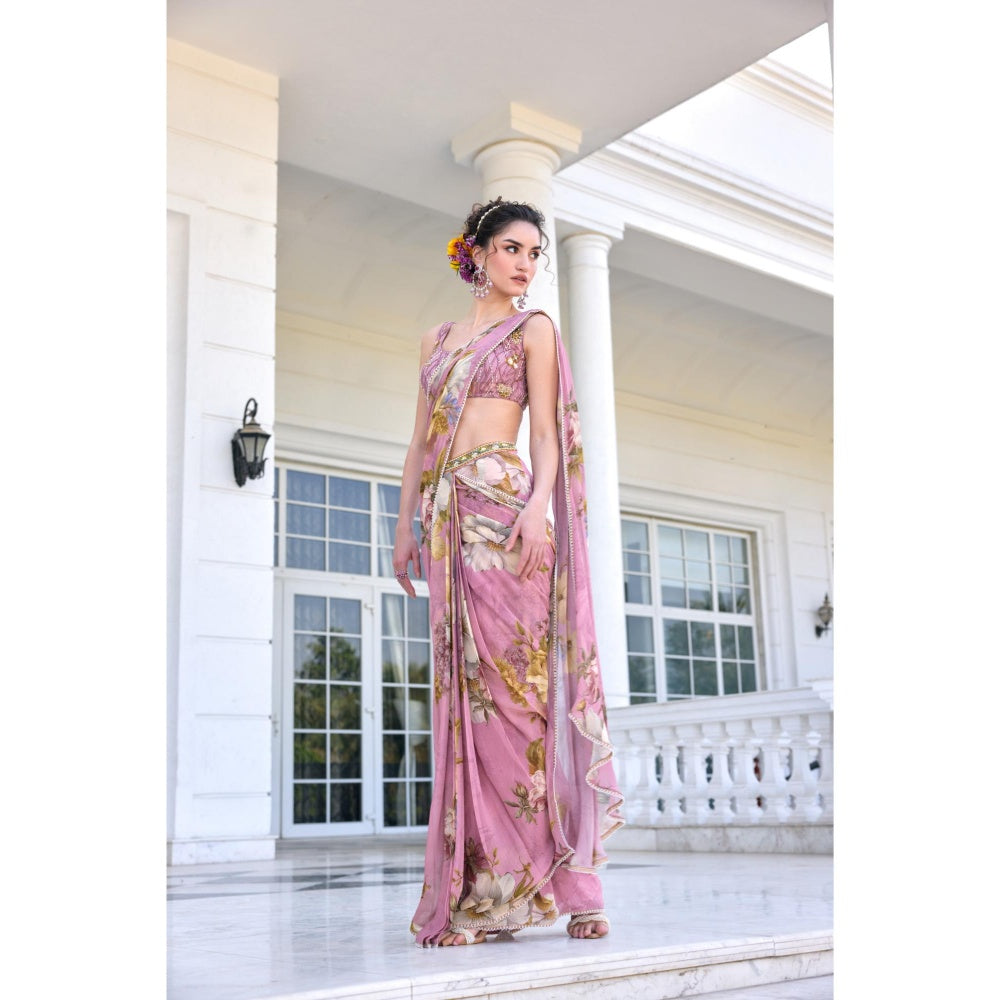 KALISTA Purple Draped Saree with Stitched Blouse