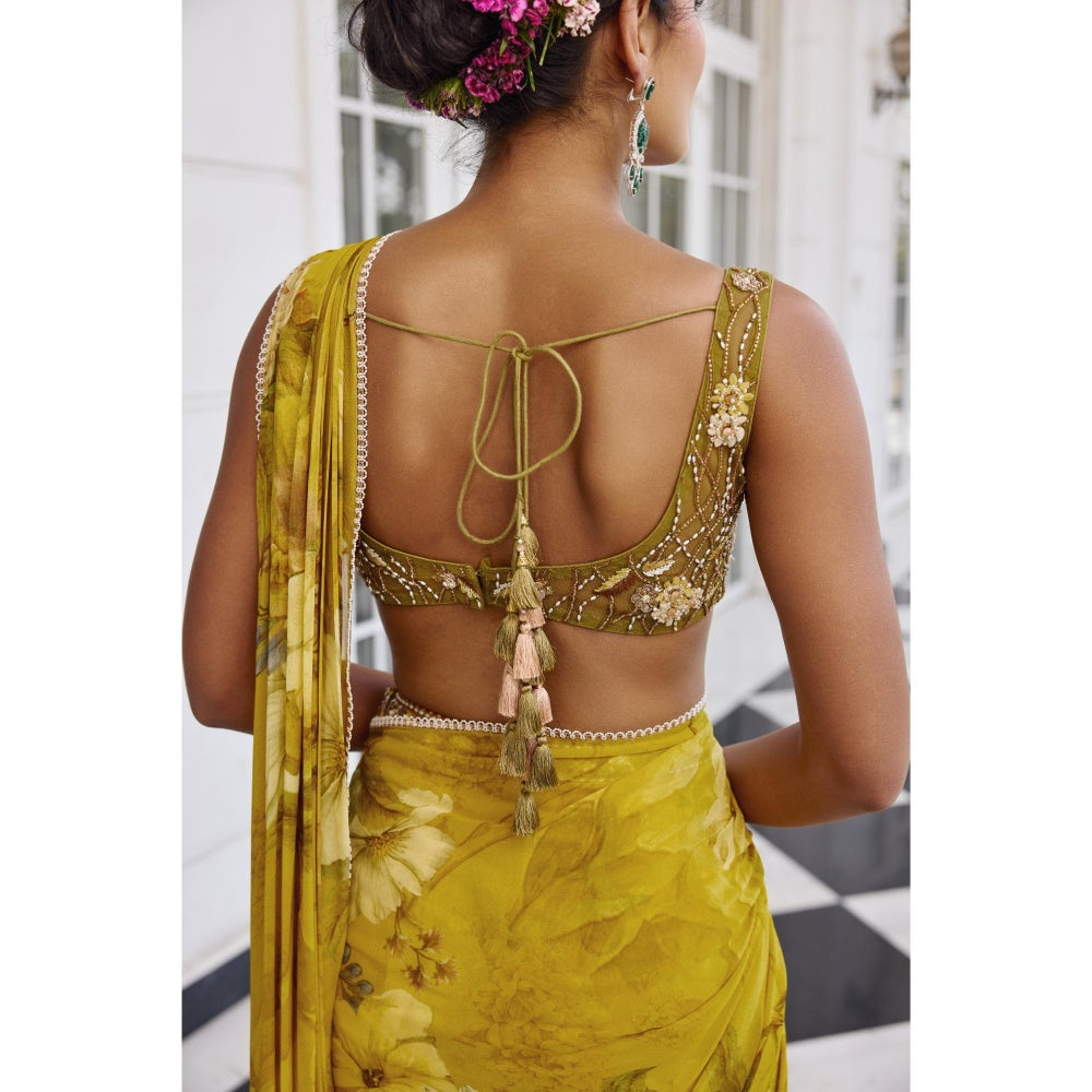 KALISTA Green Draped Saree with Stitched Blouse