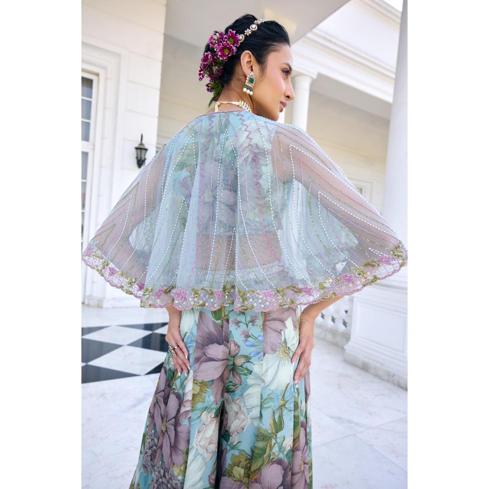 KALISTA Blue Cape Attached Bustier with Palazzo