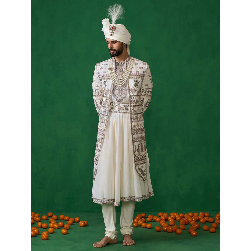 KALPRAAG Off White Georgette Sherwani Set