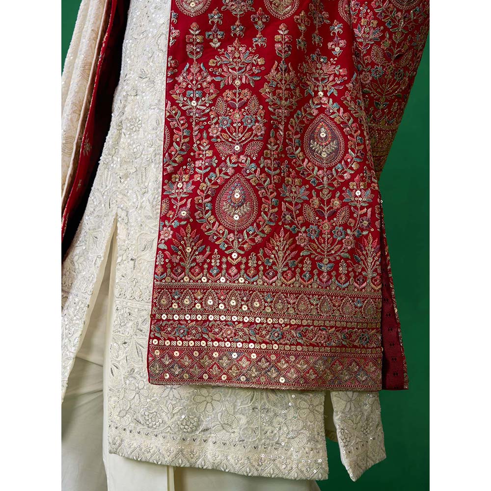 KALPRAAG Red Georgette Sherwani Set