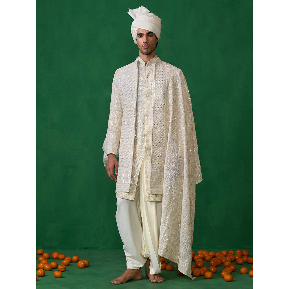 KALPRAAG Off White Georgette Sherwani Set