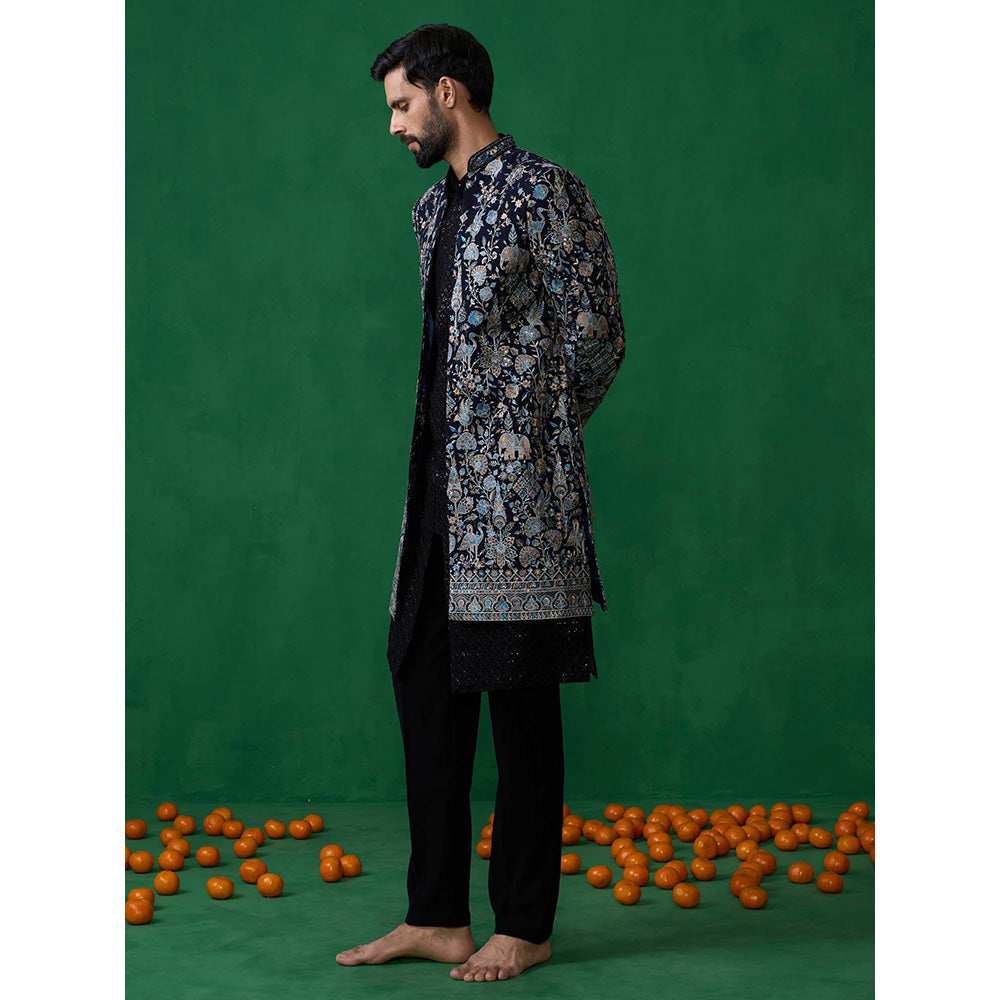 KALPRAAG Navy Blue Georgette Sherwani Set