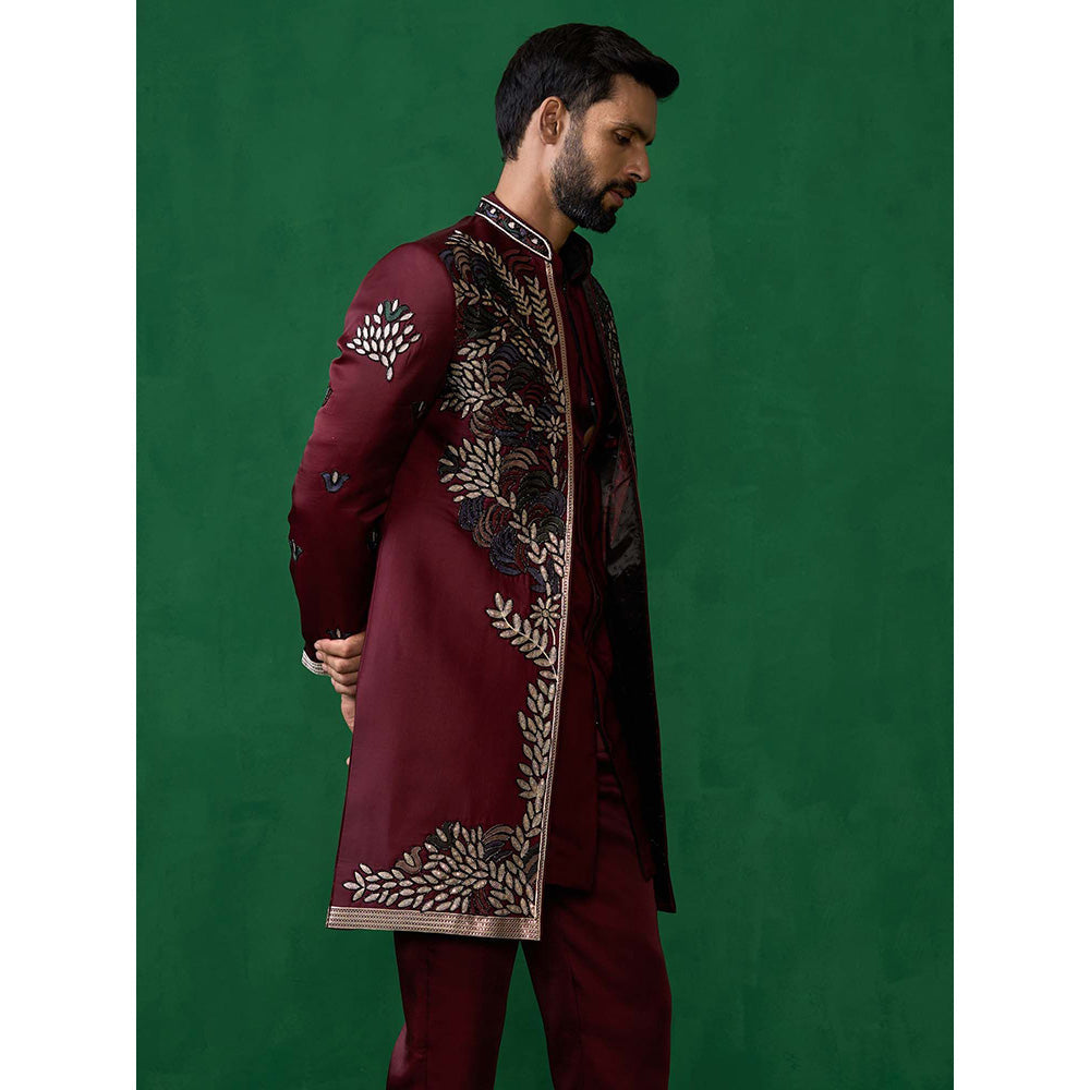 KALPRAAG Maroon Georgette Sherwani Set