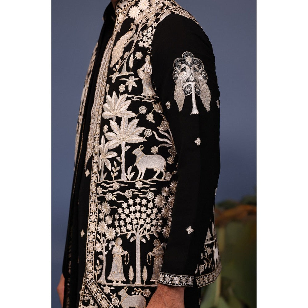 KALPRAAG Black Viscose Embroidered Kurta Jacket Set