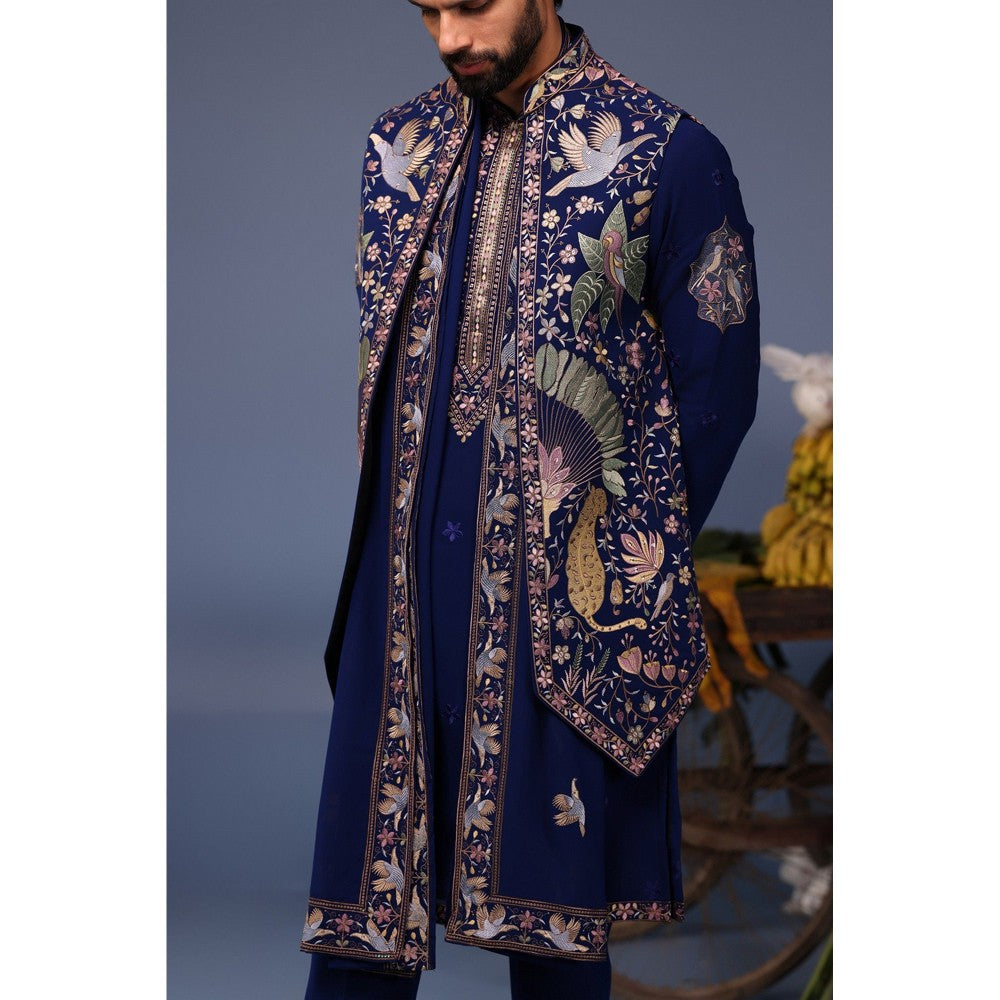 KALPRAAG Navy Blue Viscose Embroidered Kurta Jacket Set