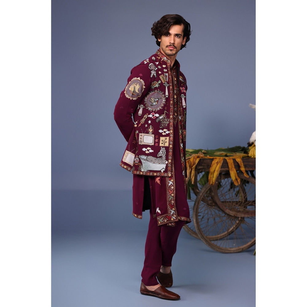 KALPRAAG Wine Viscose Embroidered Kurta Jacket Set