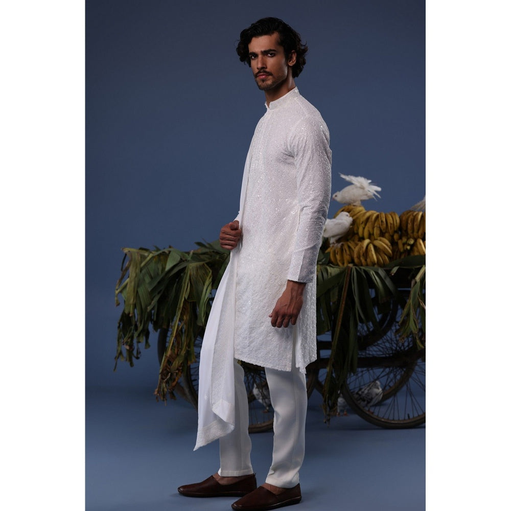 KALPRAAG Ivory Viscose Embroidered Kurta with Trouser and Dupatta