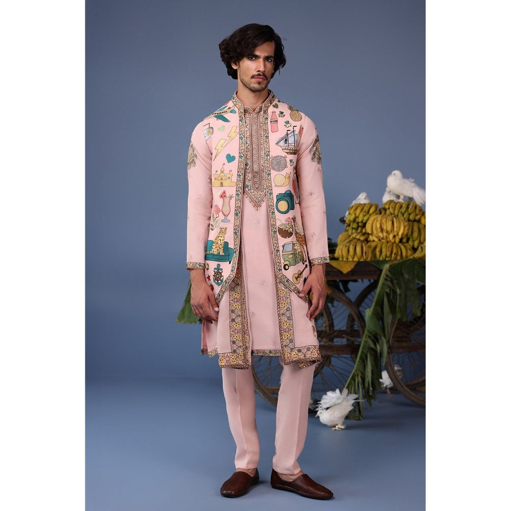 KALPRAAG Pink Viscose Embroidered Kurta Jacket Set