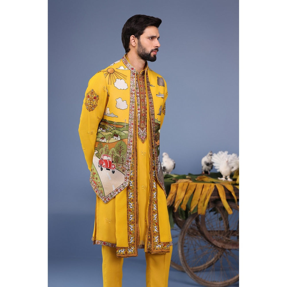 KALPRAAG Yellow Viscose Embroidered Kurta Jacket Set