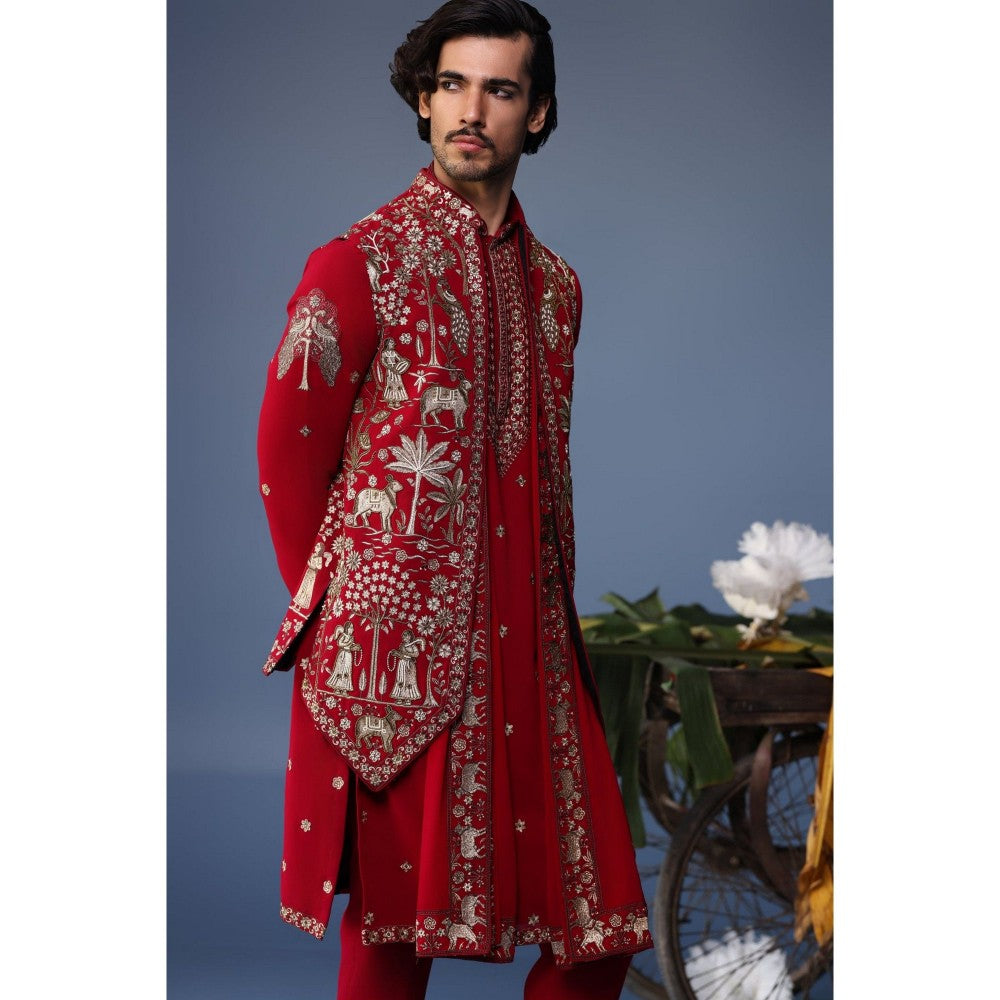 KALPRAAG Red Viscose Embroidered Kurta Jacket Set