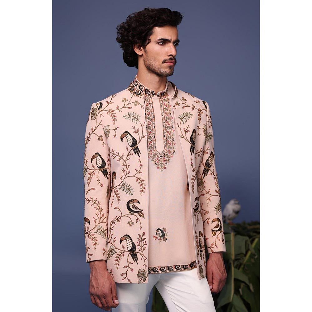 KALPRAAG Pink Viscose Embroidered Kurta Jacket Set