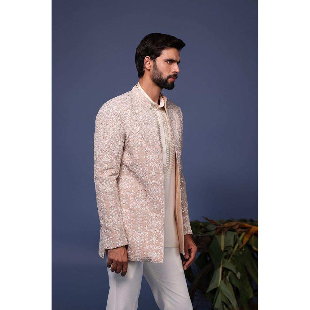 KALPRAAG Ivory Viscose Embroidered Kurta with Jacket and Trouser
