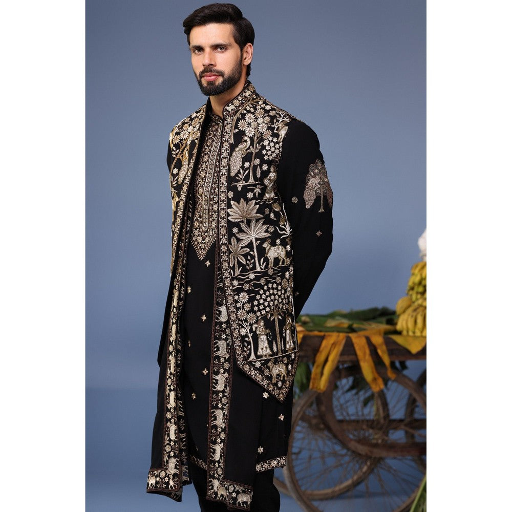 KALPRAAG Black Viscose Embroidered Kurta Jacket Set