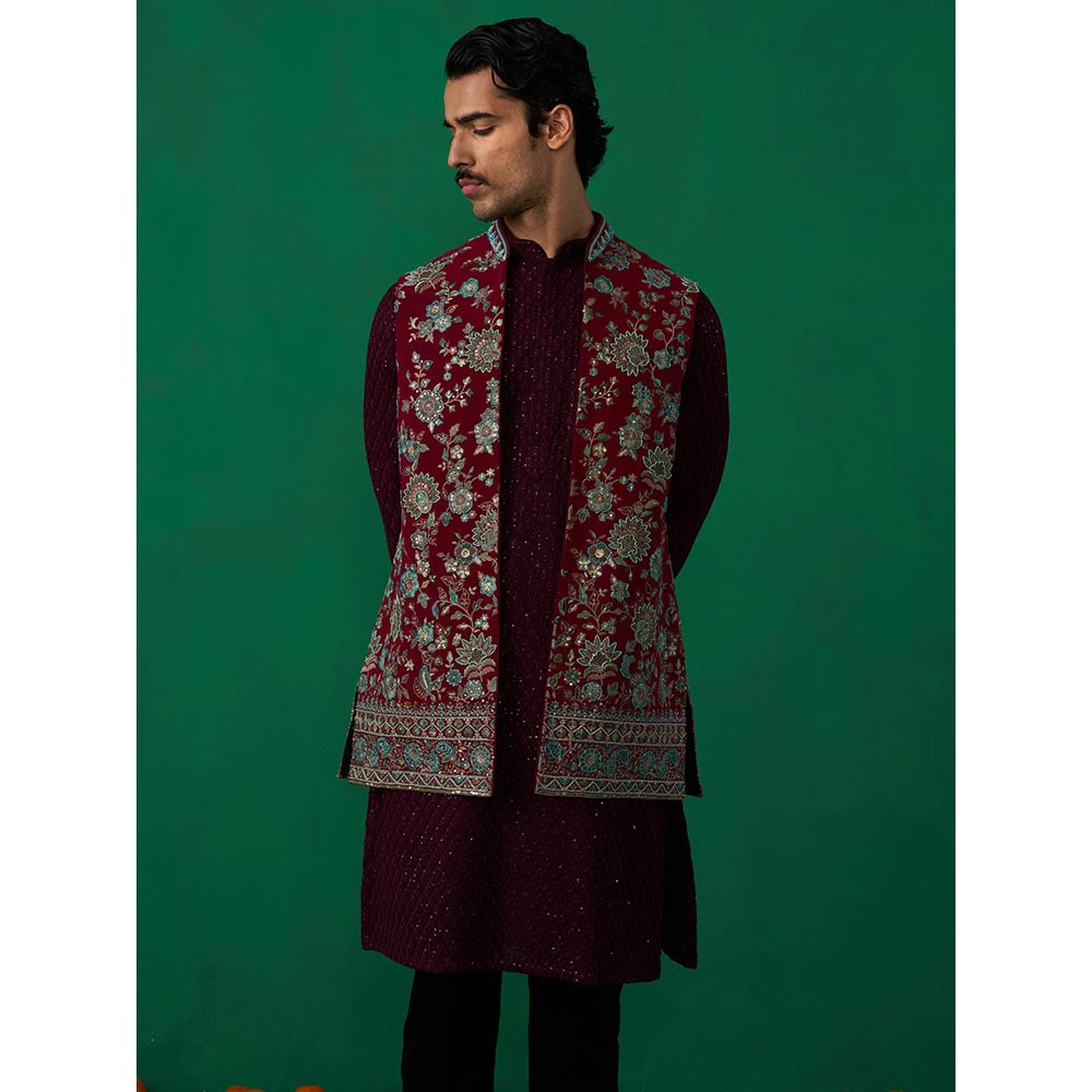 KALPRAAG Gulab Wine Kurta with Jacket and Pant
