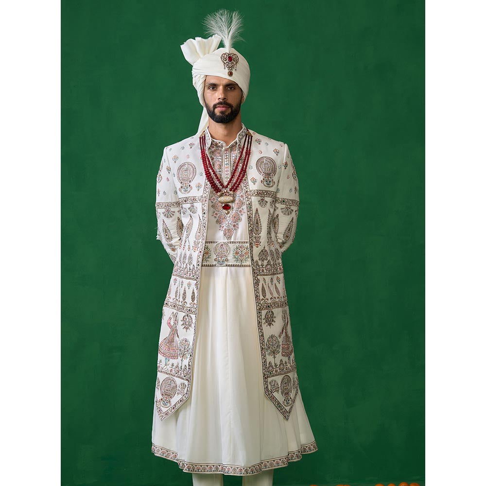 KALPRAAG Kathakali Ivory Sherwani with Anarkali with Churidar, Dupatta and Belt, Safa Fabric