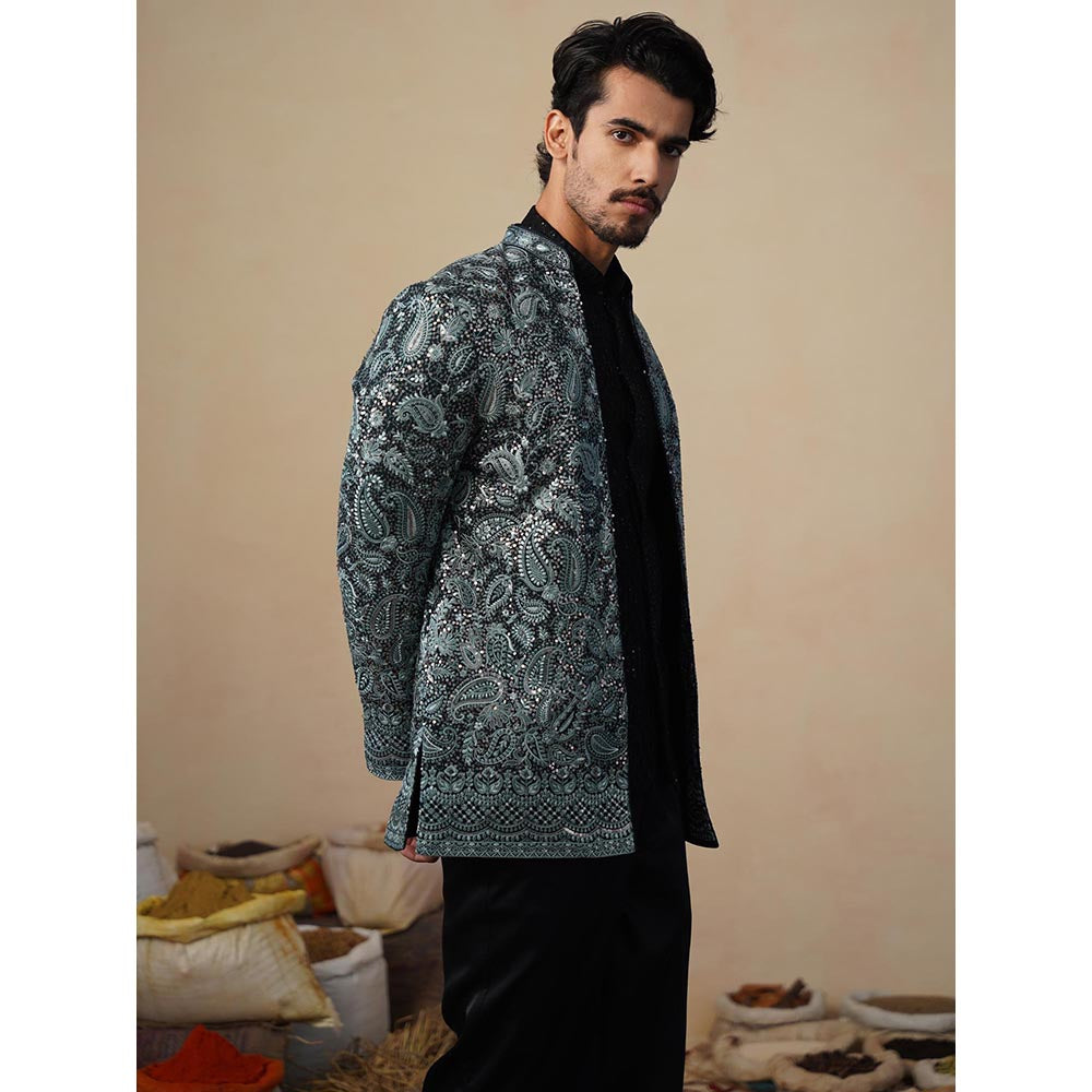 KALPRAAG Turquoise Sitara Ferozi Jodhpuri Jacket with Shirt and Trouser