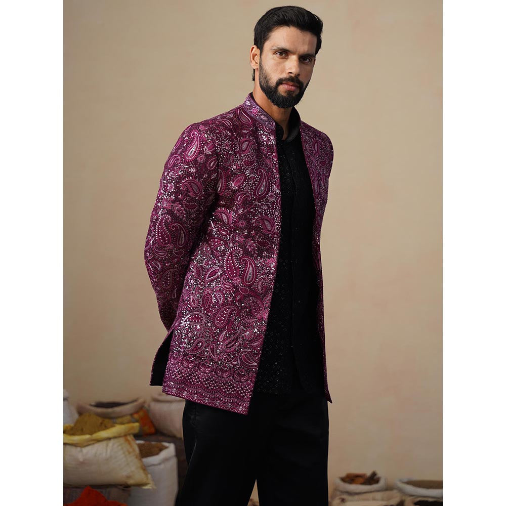 KALPRAAG Sitara Wine Jodhpuri Jacket with Shirt and Trouser