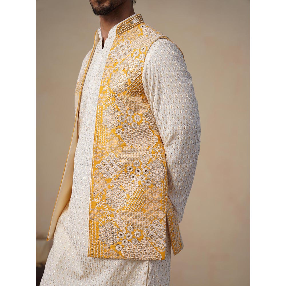 KALPRAAG Yellow Zeenat Haldi Kurta with Nehru Jacket and Pant